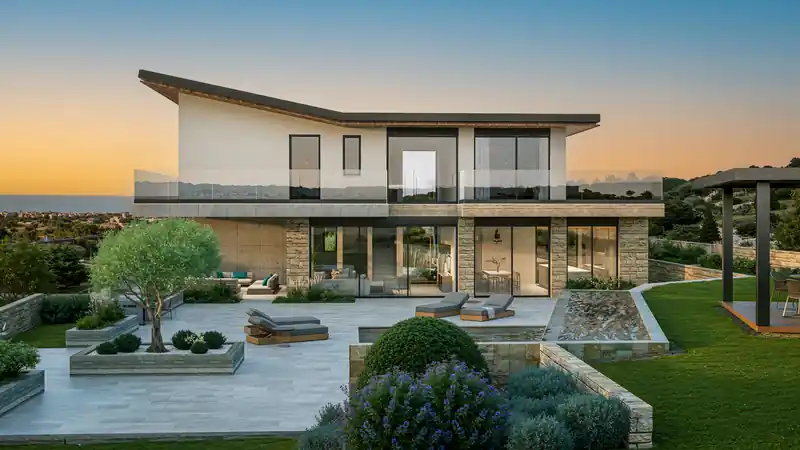 Modern coastal villa with a pool and landscaped garden at sunset